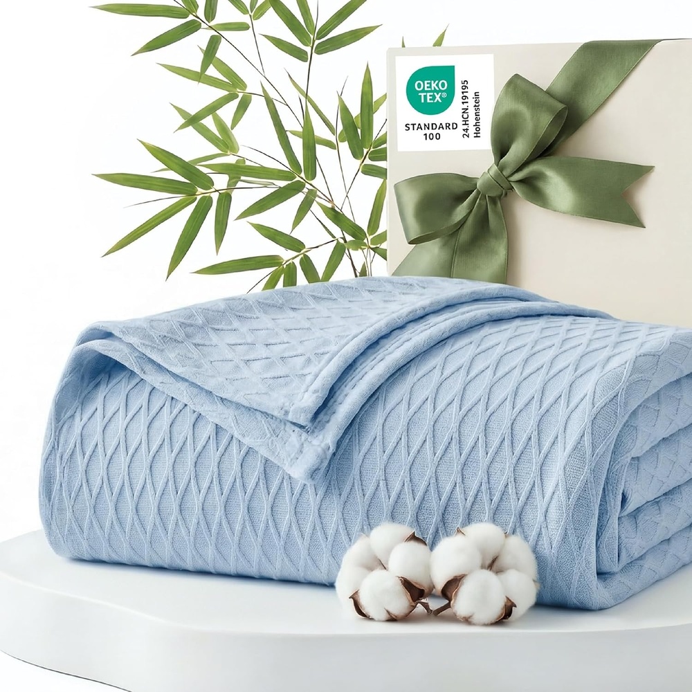 image:imageBedsure Cooling Cotton Waffle Summer Blanket Queen Size Grey 90x90Blue