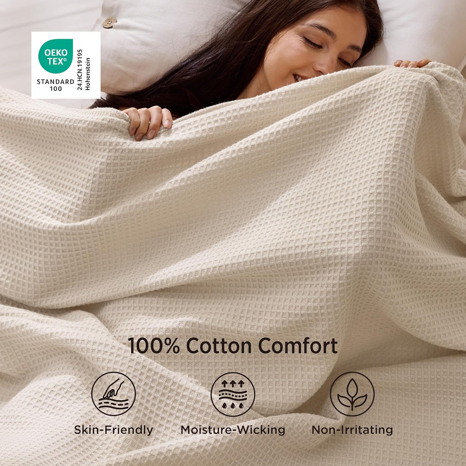 image:imageBedsure GentleSoft 100 Cotton Blanket Queen Size for Bed Breathable Lightweight and Soft for Summer Basket Waffle Weave Woven Blankets Home Decor Gift for Women White 90x90 inches02 Beige