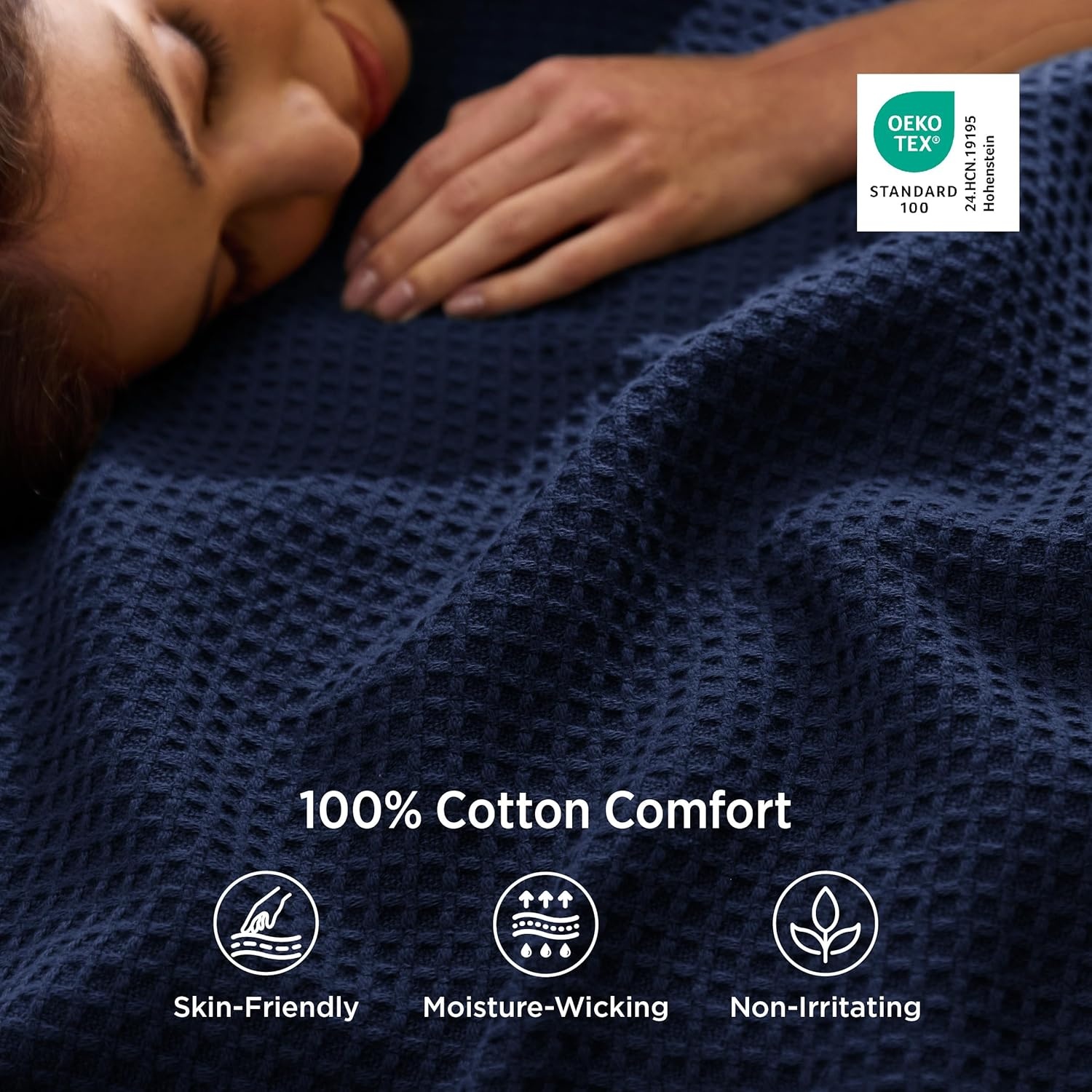image:imageBedsure GentleSoft 100 Cotton Blanket Queen Size for Bed Breathable Lightweight and Soft for Summer Basket Waffle Weave Woven Blankets Home Decor Gift for Women White 90x90 inches05 Navy