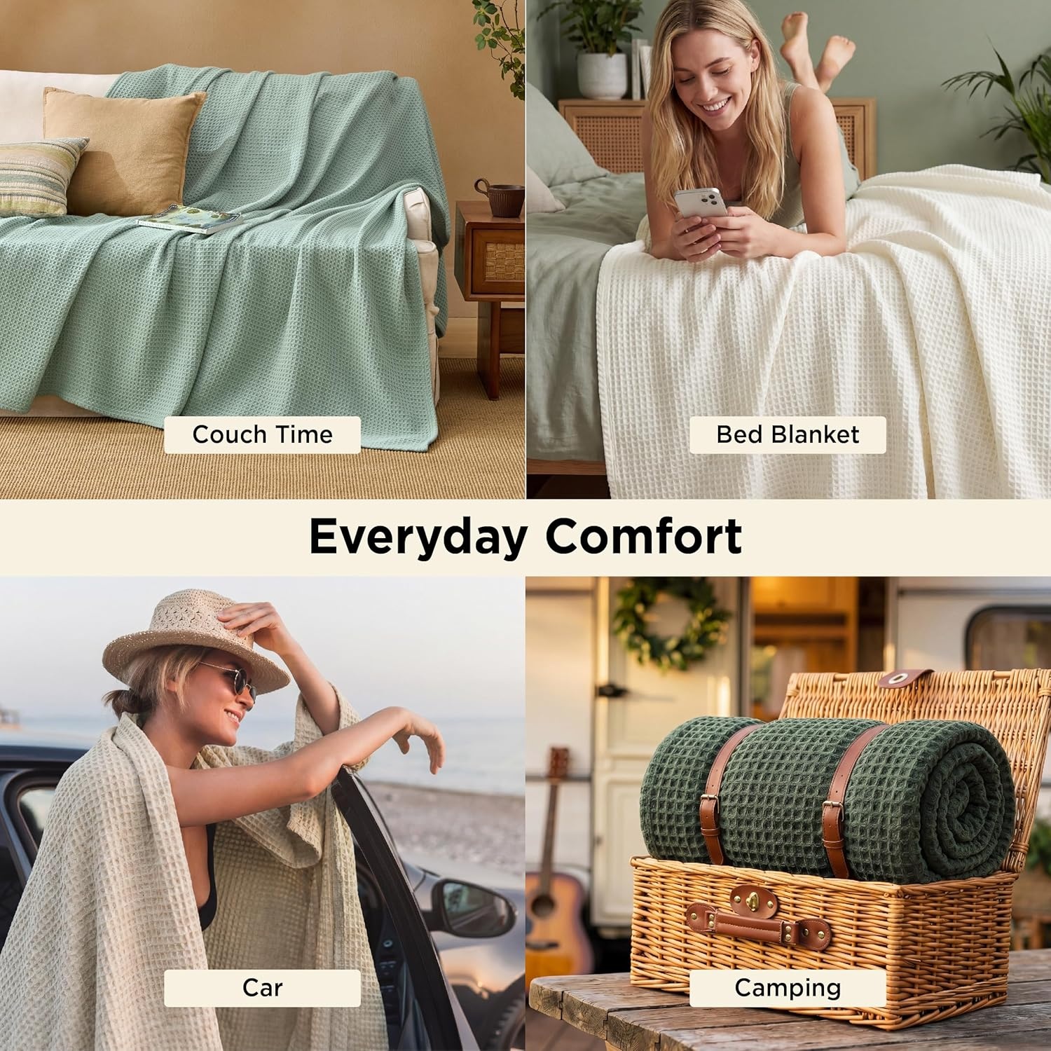 image:imageBedsure GentleSoft 100 Cotton Blanket Queen Size for Bed Breathable Lightweight and Soft for Summer Basket Waffle Weave Woven Blankets Home Decor Gift for Women White 90x90 inches02 Beige