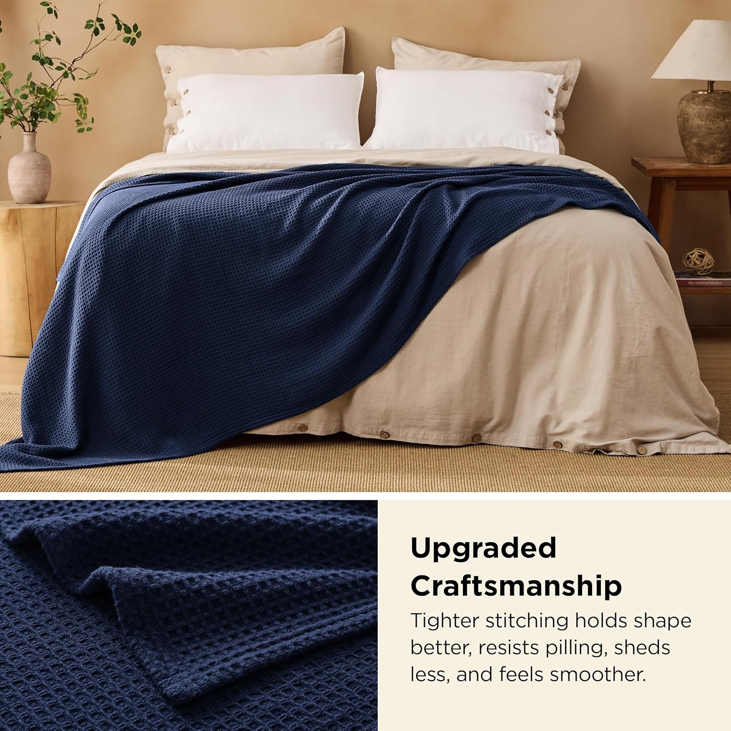 image:imageBedsure GentleSoft 100 Cotton Blanket Queen Size for Bed Breathable Lightweight and Soft for Summer Basket Waffle Weave Woven Blankets Home Decor Gift for Women White 90x90 inches05 Navy