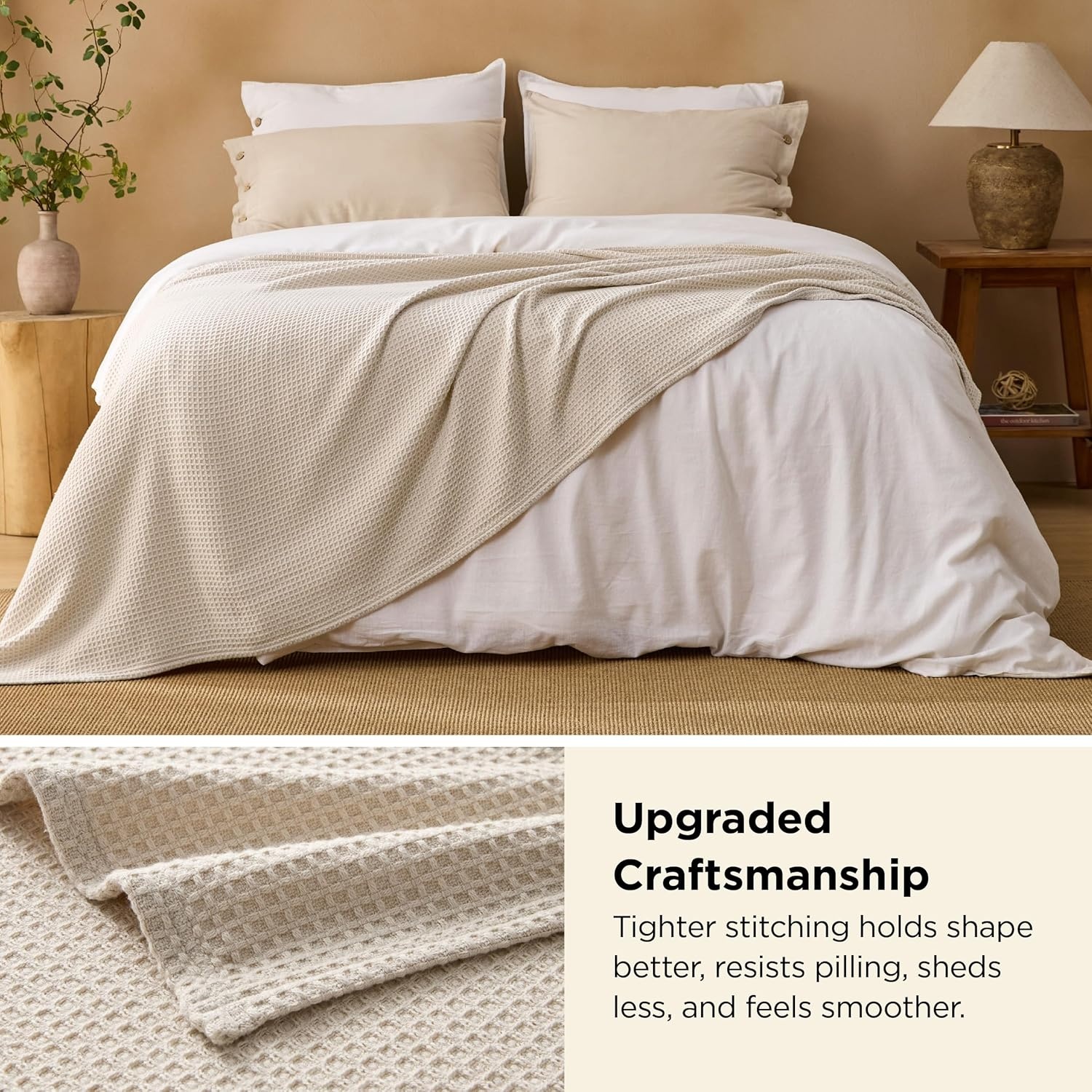 image:imageBedsure GentleSoft 100 Cotton Blanket Queen Size for Bed Breathable Lightweight and Soft for Summer Basket Waffle Weave Woven Blankets Home Decor Gift for Women White 90x90 inches02 Beige
