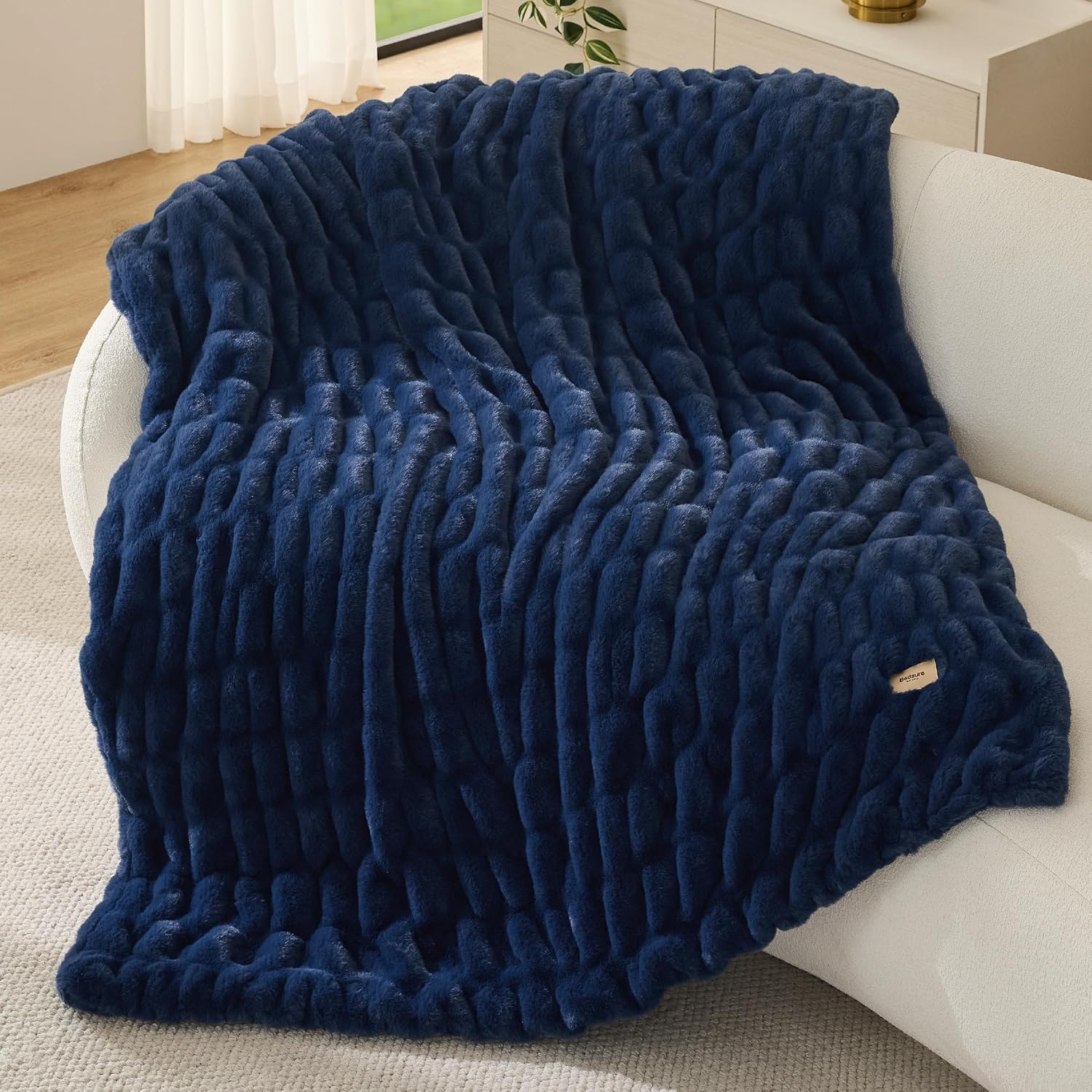image:imageBedsure Soft DoubleSided Faux Fur Throw Blanket Light Brown 50x60Navy Blue