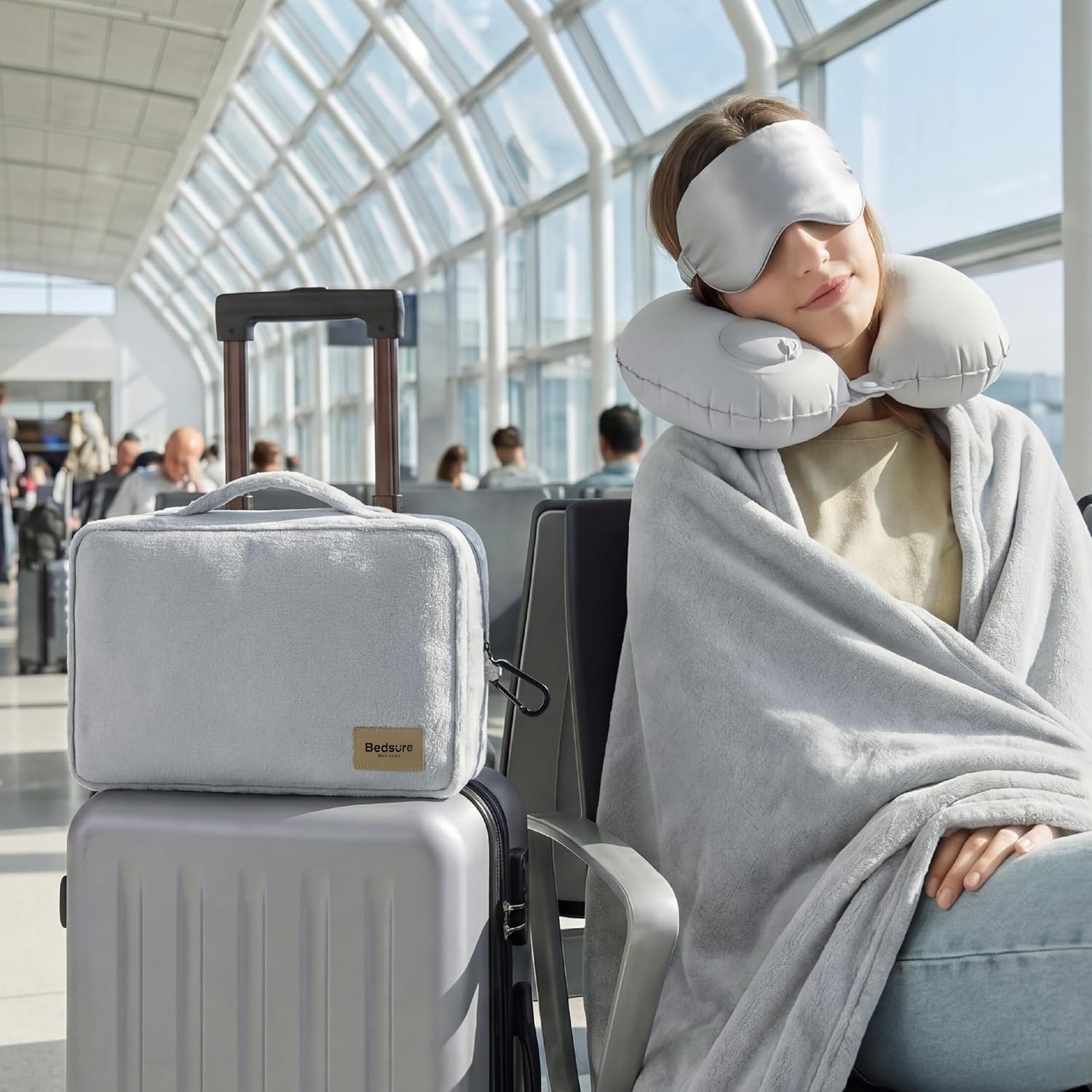 image:imageBedsure Travel Blanket Set with Inflatable Neck Pillow and Eye Mask PinkGrey