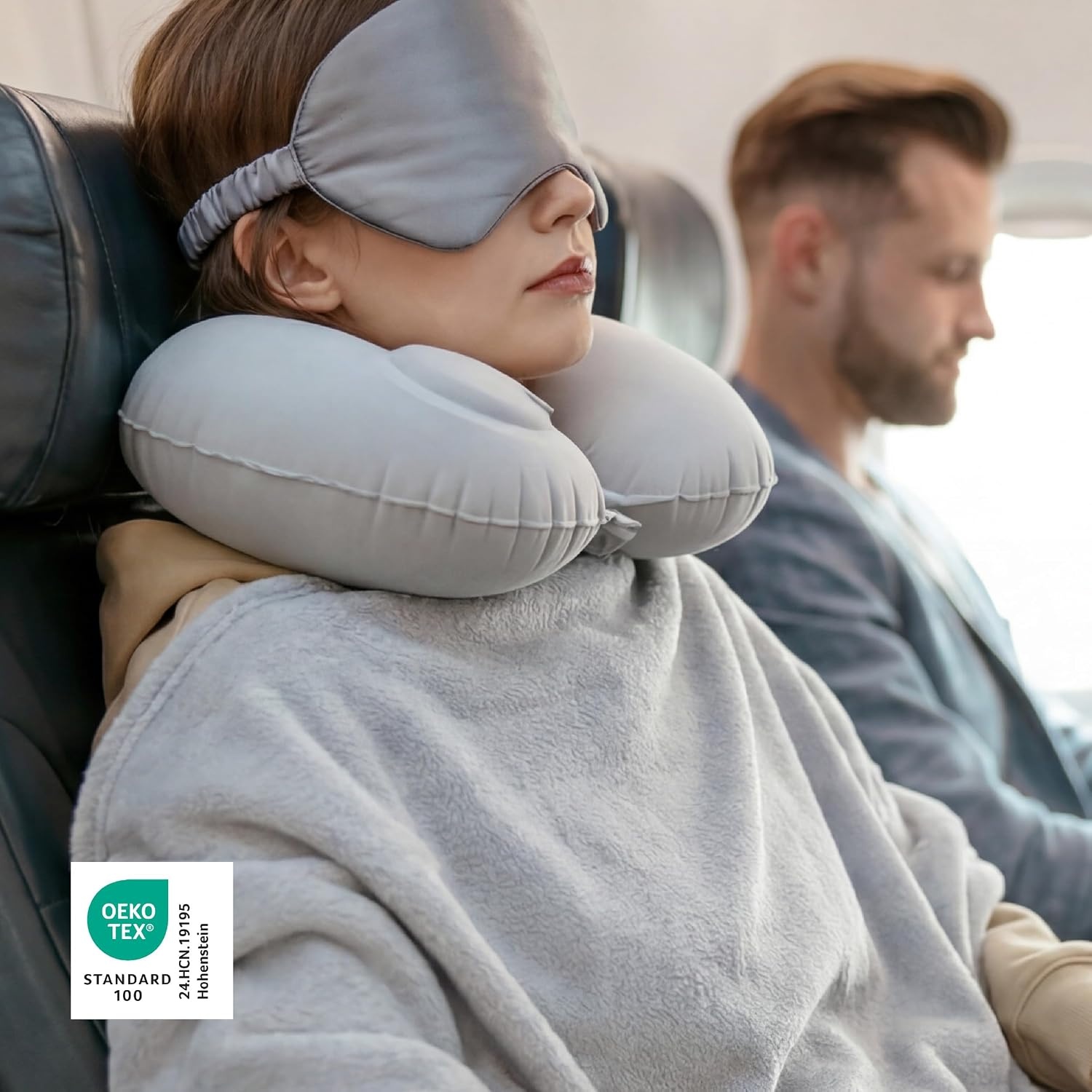 image:imageBedsure Travel Blanket Set with Inflatable Neck Pillow and Eye Mask PinkGrey