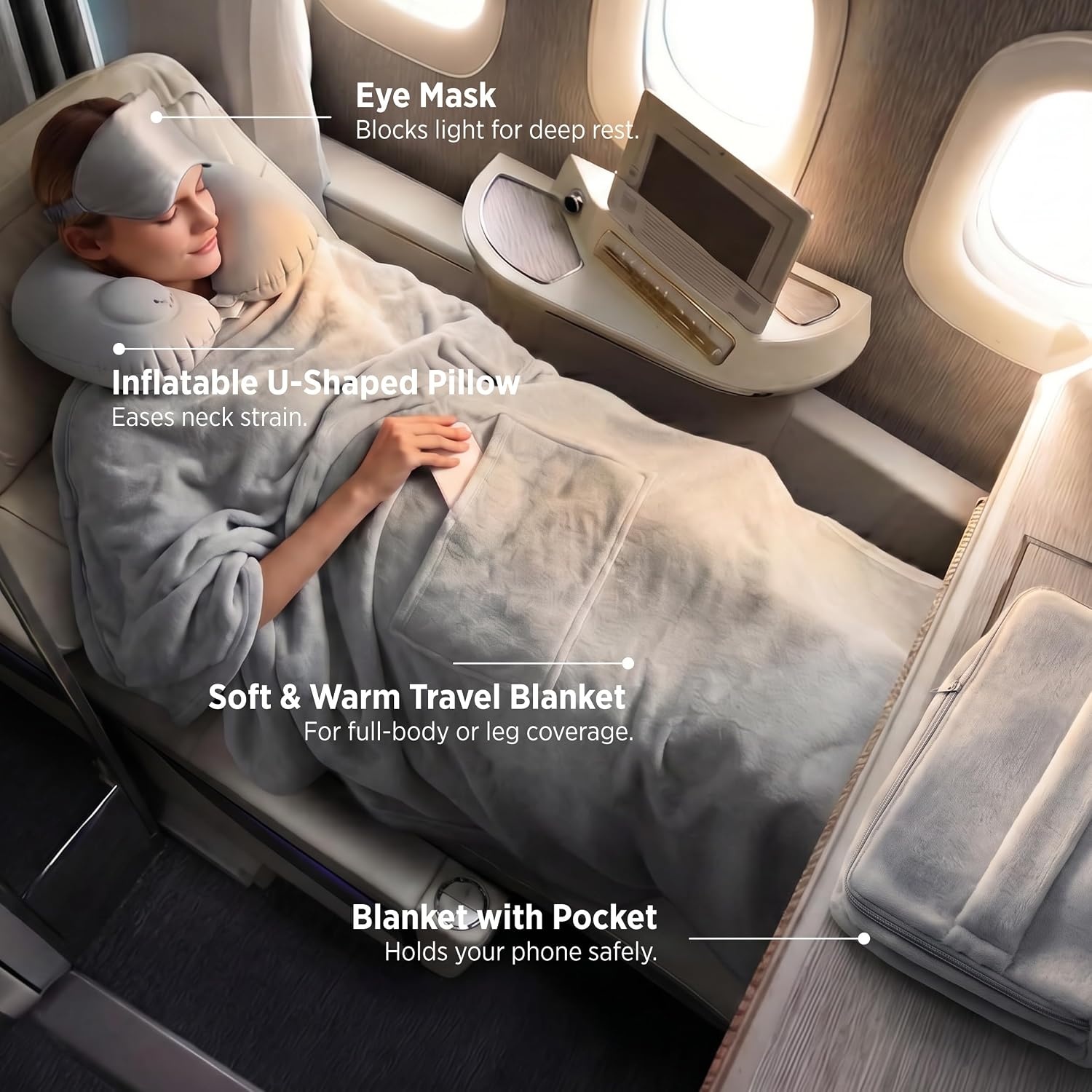 image:imageBedsure Travel Blanket Set with Inflatable Neck Pillow and Eye Mask PinkGrey