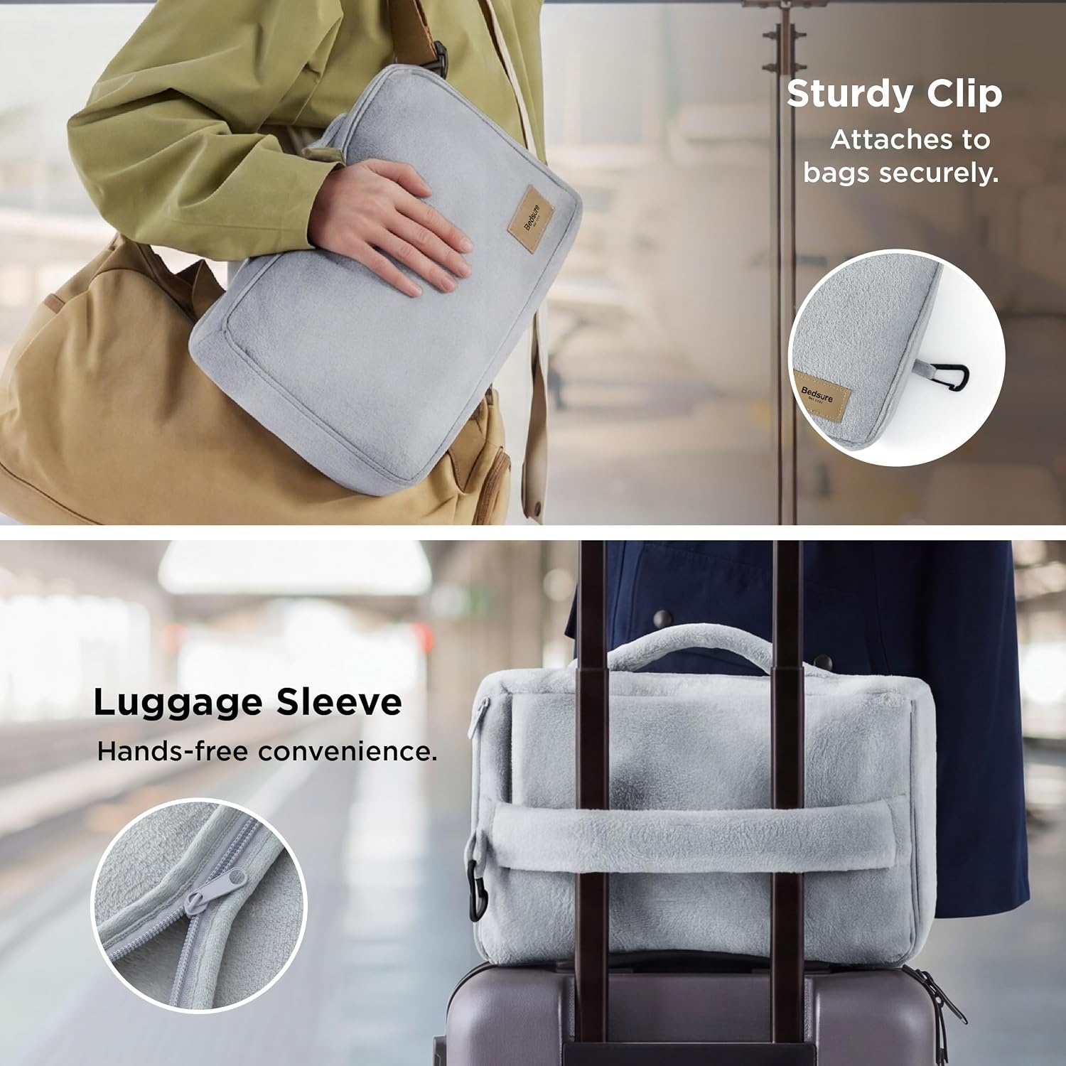 image:imageBedsure Travel Blanket Set with Inflatable Neck Pillow and Eye Mask PinkGrey