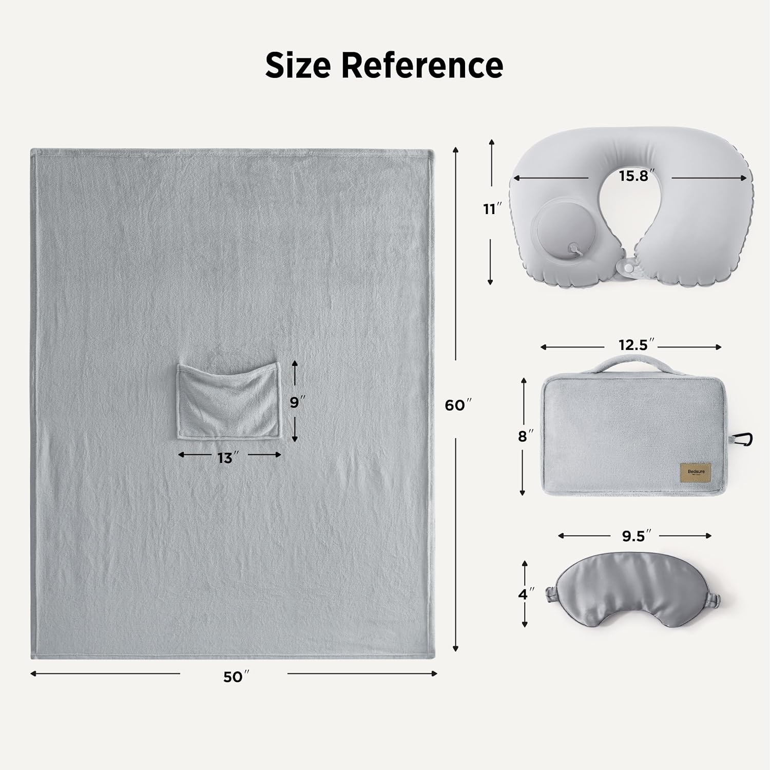 image:imageBedsure Travel Blanket Set with Inflatable Neck Pillow and Eye Mask PinkGrey