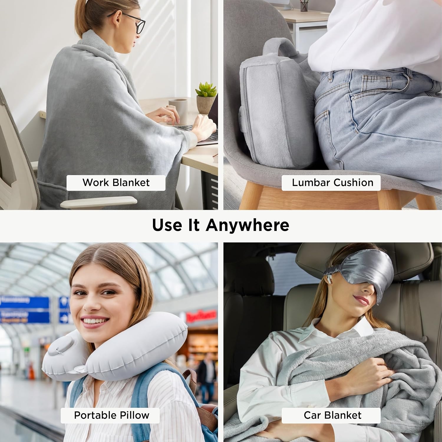 image:imageBedsure Travel Blanket Set with Inflatable Neck Pillow and Eye Mask PinkGrey