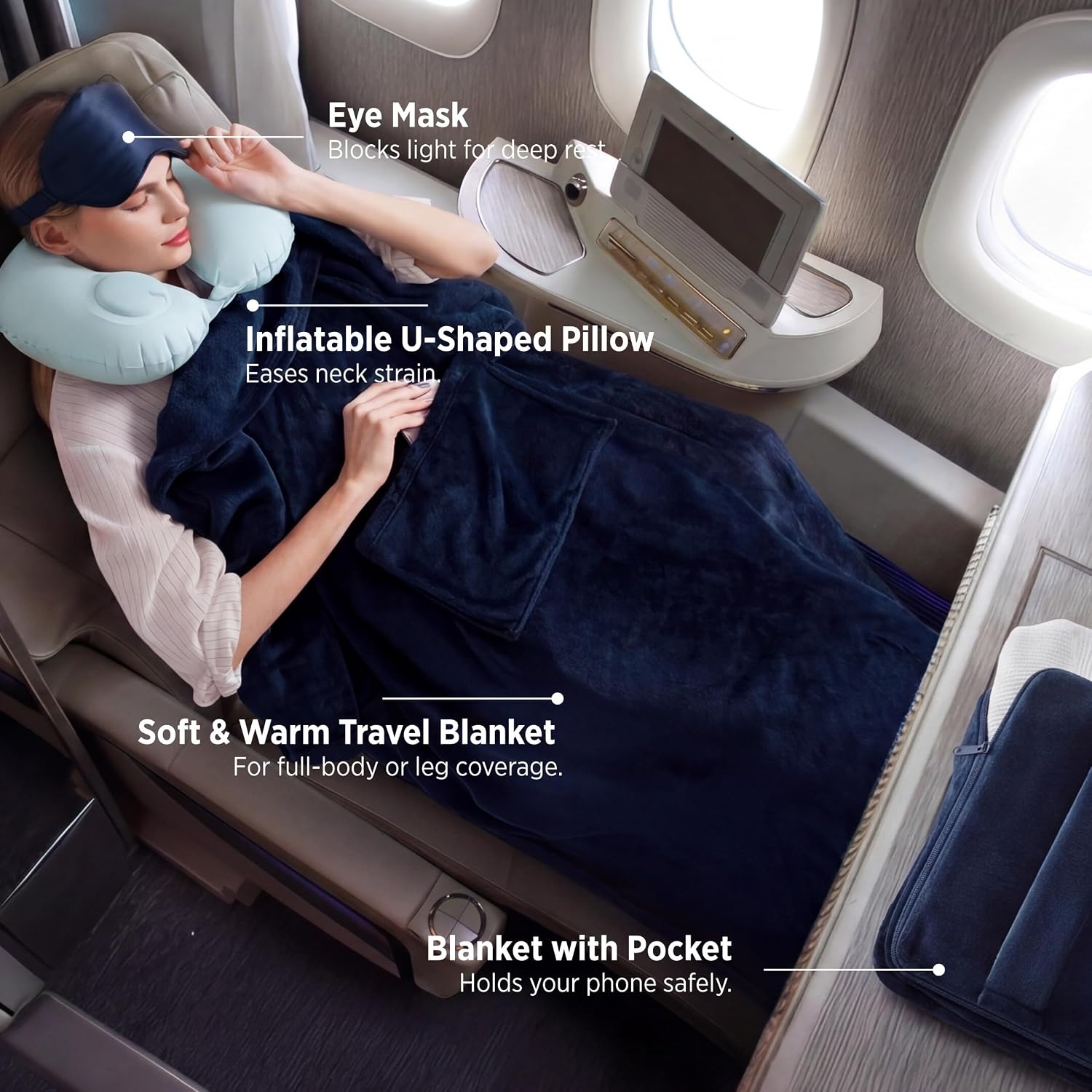 image:imageBedsure Travel Blanket Set with Inflatable Neck Pillow and Eye Mask PinkNavy