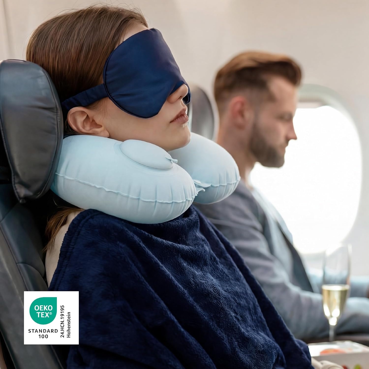 image:imageBedsure Travel Blanket Set with Inflatable Neck Pillow and Eye Mask PinkNavy