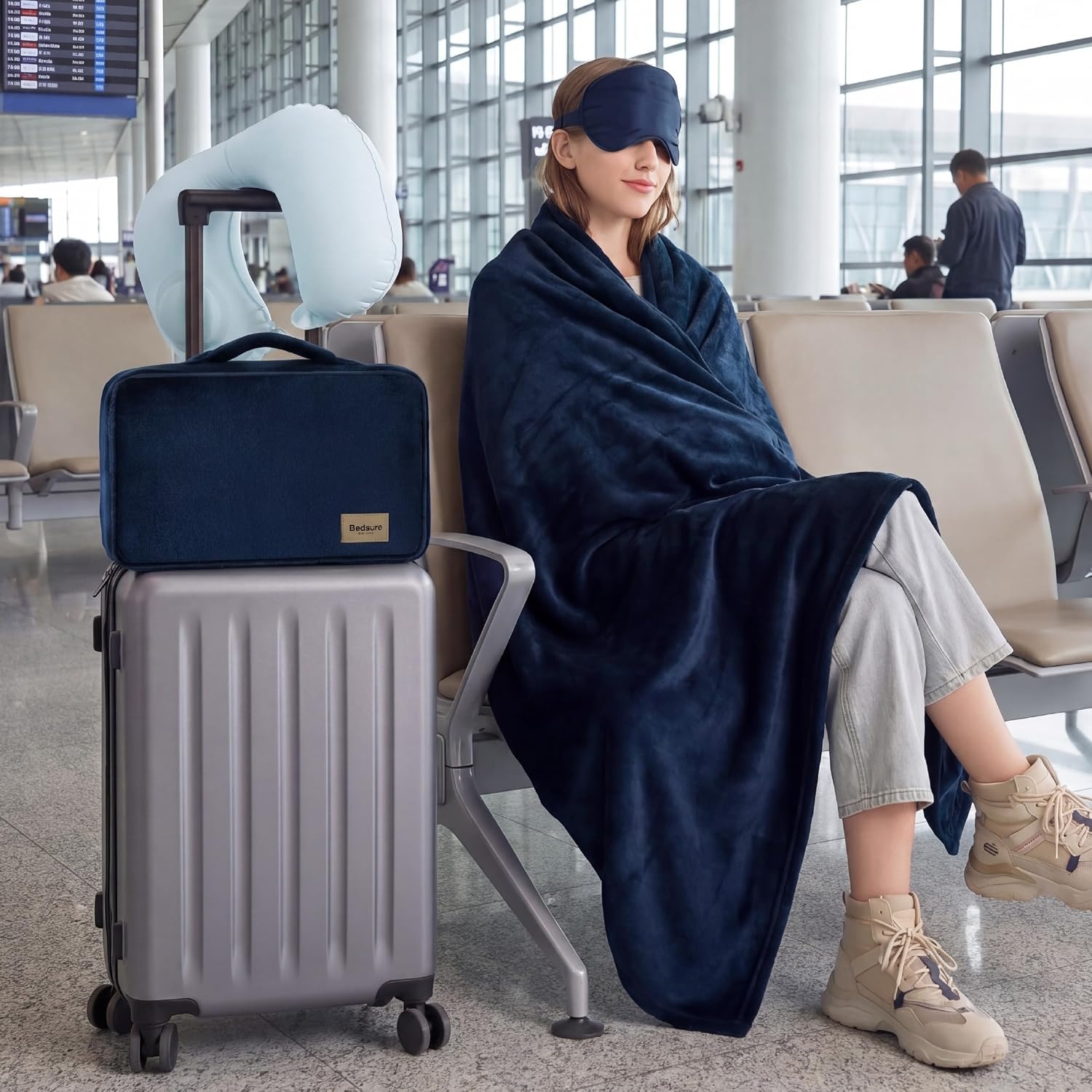 image:imageBedsure Travel Blanket Set with Inflatable Neck Pillow and Eye Mask PinkNavy