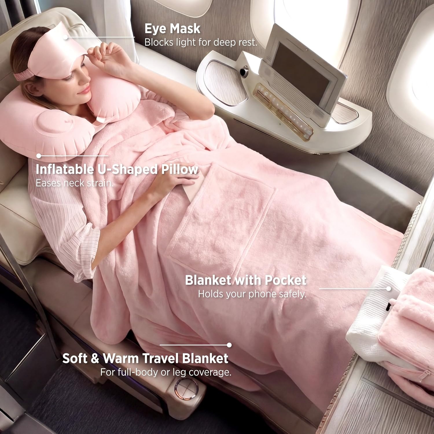image:imageBedsure Travel Blanket Set with Inflatable Neck Pillow and Eye Mask PinkPink