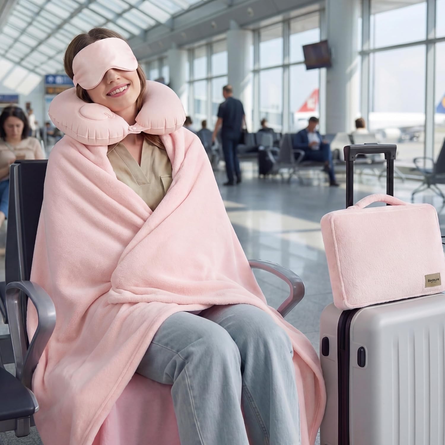 image:imageBedsure Travel Blanket Set with Inflatable Neck Pillow and Eye Mask PinkPink