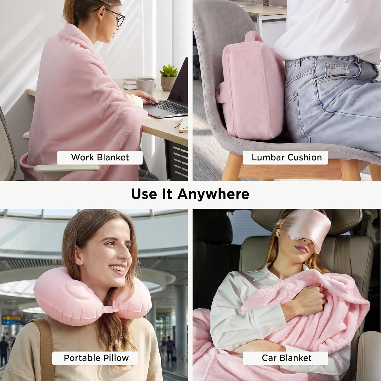 image:imageBedsure Travel Blanket Set with Inflatable Neck Pillow and Eye Mask PinkPink