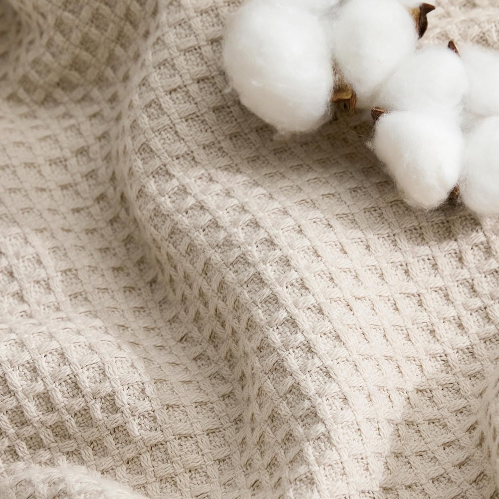 image:imageBedsure GentleSoft 100 Cotton Blanket Queen Size for Bed  Breathable Lightweight and Soft for Summer Basket Waffle Weave Woven Blankets Home Decor Gift for Women White 90x90 inches02  Beige