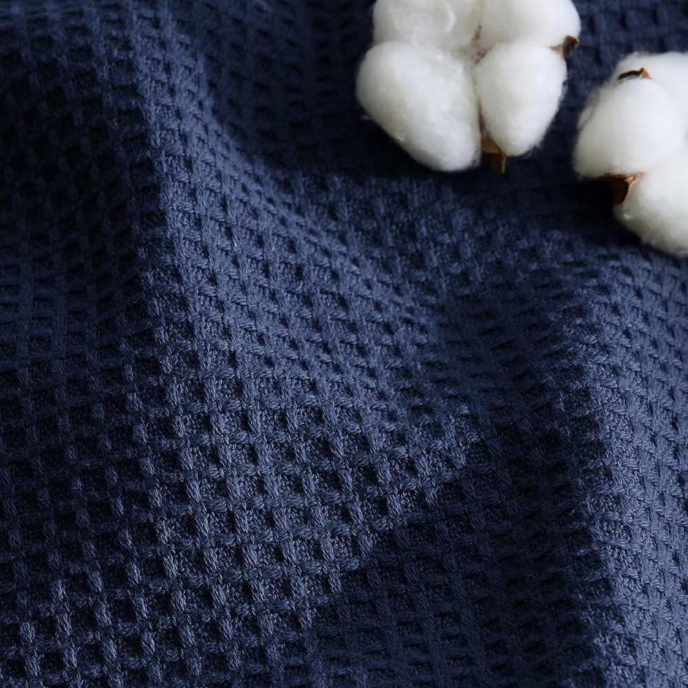 image:imageBedsure GentleSoft 100 Cotton Blanket Queen Size for Bed  Breathable Lightweight and Soft for Summer Basket Waffle Weave Woven Blankets Home Decor Gift for Women White 90x90 inches05  Navy
