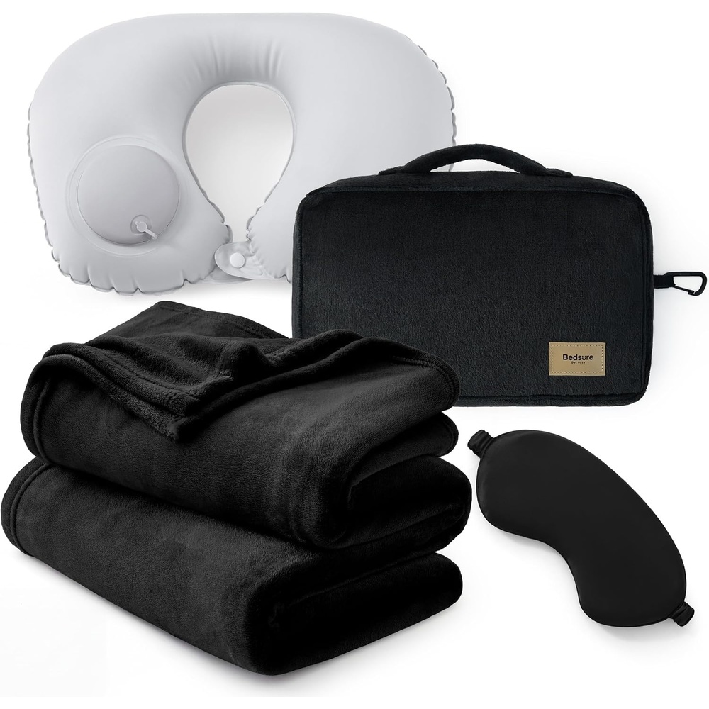 image:imageBedsure Travel Blanket Set with Inflatable Neck Pillow and Eye Mask PinkBlack