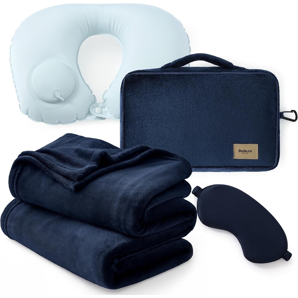 image:imageBedsure Travel Blanket Set with Inflatable Neck Pillow and Eye Mask PinkNavy