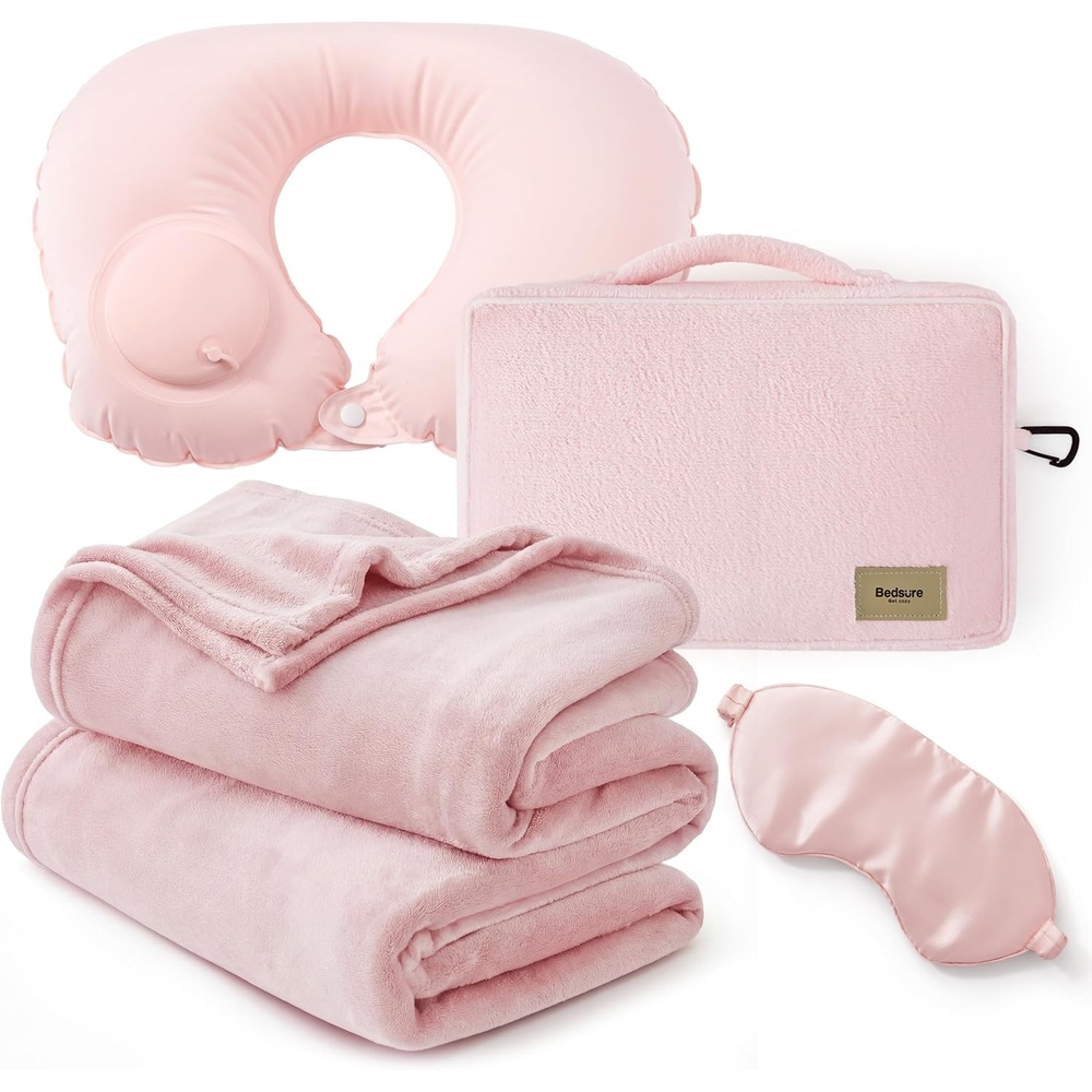 image:imageBedsure Travel Blanket Set with Inflatable Neck Pillow and Eye Mask PinkPink