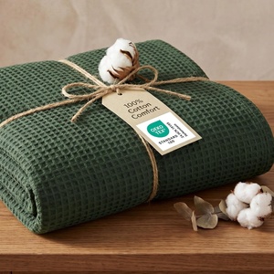 Bedsure GentleSoft 100% Cotton Blanket Queen Size for Bed – Breathable Lightweight and Soft for Summer, Basket Waffle Weave Woven Blankets, Home Decor Gift for Women, White, 90×90 inches(01 – Olive Green)