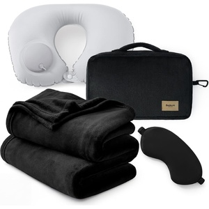 Bedsure Travel Blanket Set with Inflatable Neck Pillow and Eye Mask, Pink(Black)