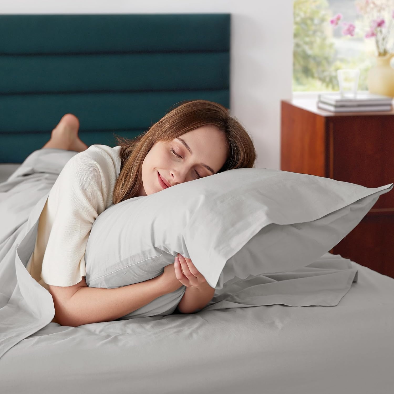 image:imageBedsure 100 Cotton Percale Sheets Twin Size Twin Sheets Set with Deep Pocket Up to 16 Inches Breathable amp Crirsp Soft Bedsheet amp Pillowcase Sets 3 Pieces Grey01 Silver Grey