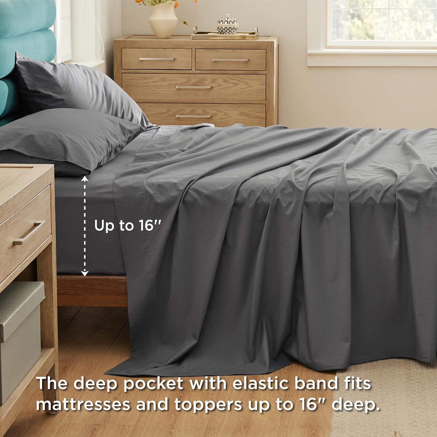image:imageBedsure 100 Cotton Percale Sheets Twin Size Twin Sheets Set with Deep Pocket Up to 16 Inches Breathable amp Crirsp Soft Bedsheet amp Pillowcase Sets 3 Pieces Grey02 Dark Grey