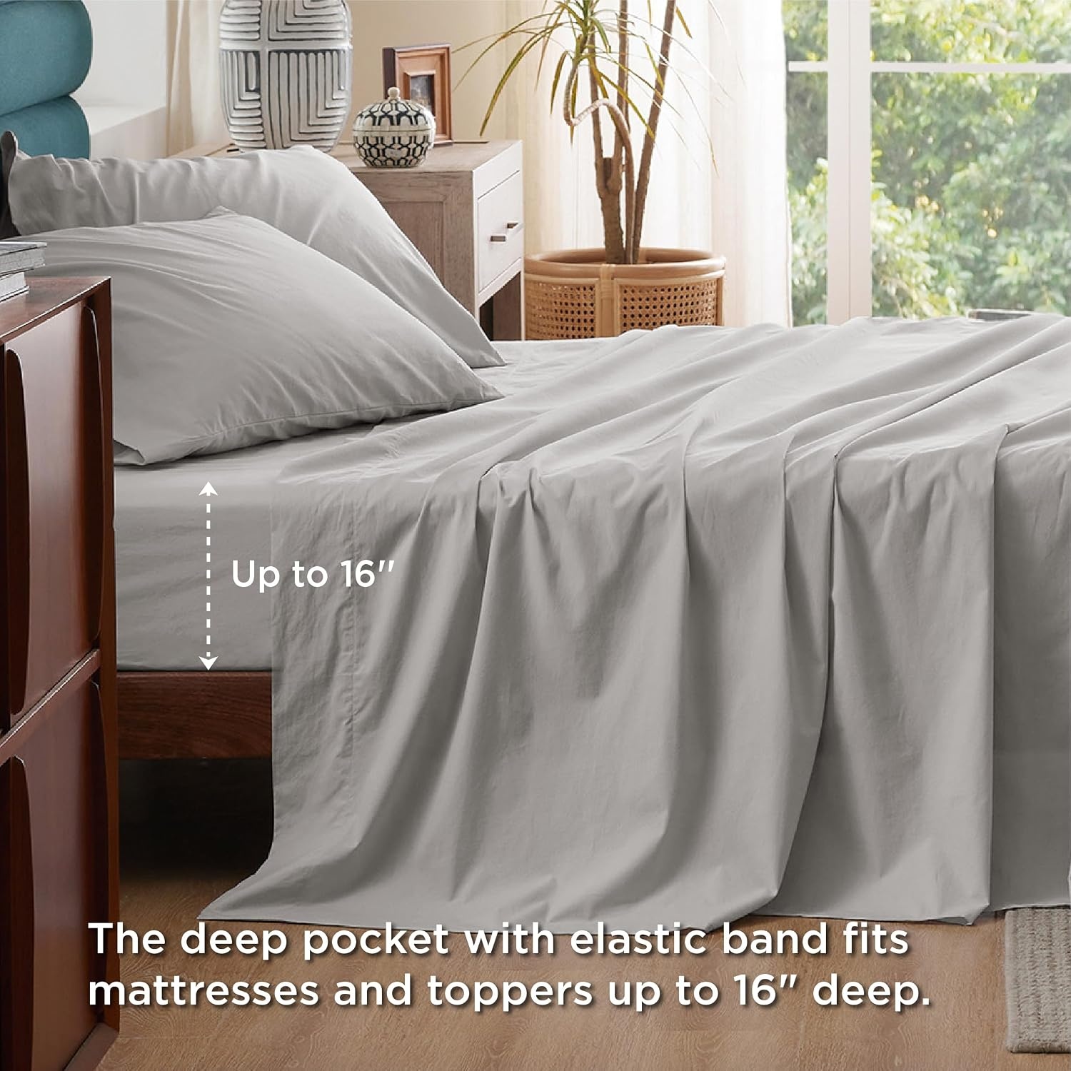image:imageBedsure 100 Cotton Percale Sheets Twin Size Twin Sheets Set with Deep Pocket Up to 16 Inches Breathable amp Crirsp Soft Bedsheet amp Pillowcase Sets 3 Pieces Grey01 Silver Grey