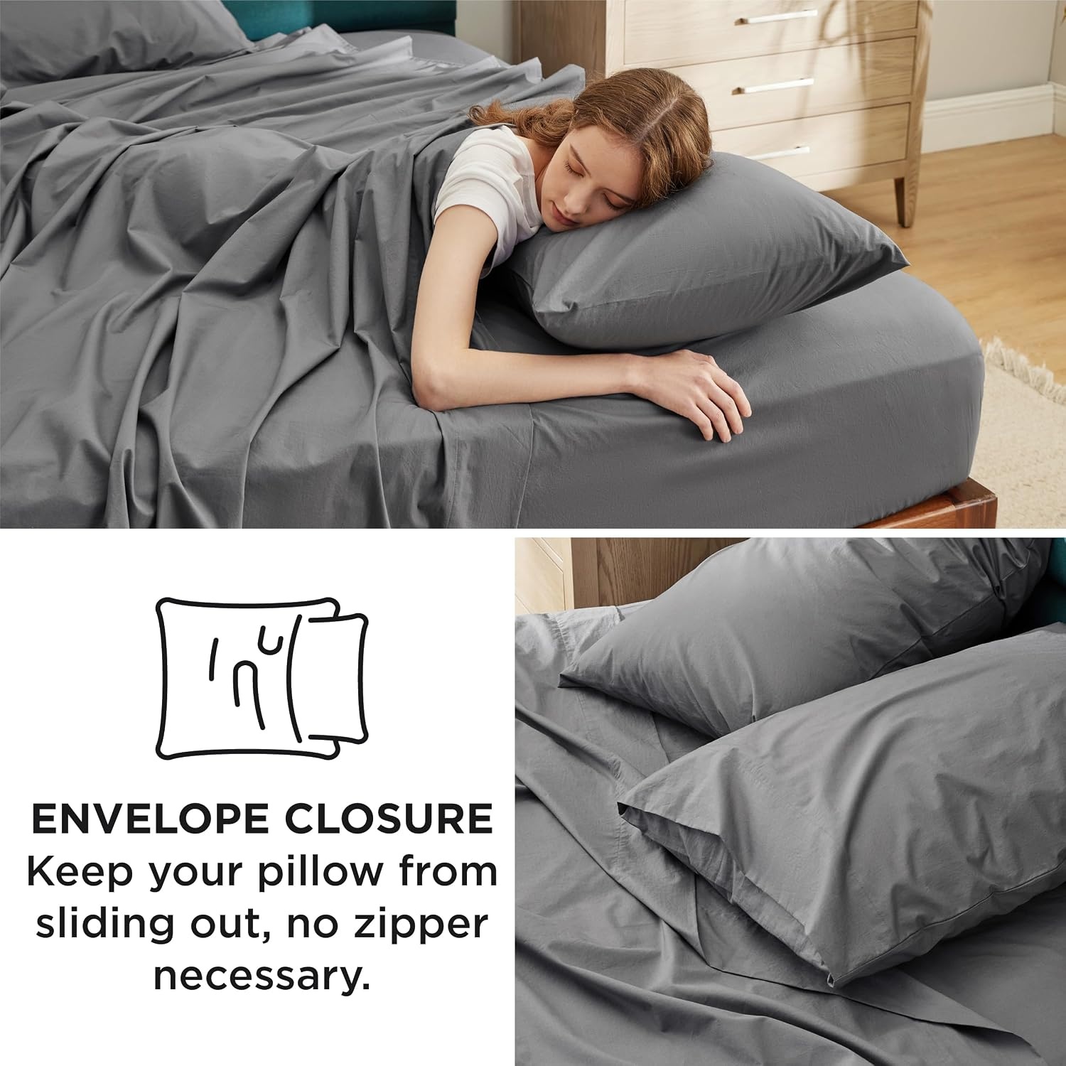 image:imageBedsure 100 Cotton Percale Sheets Twin Size Twin Sheets Set with Deep Pocket Up to 16 Inches Breathable amp Crirsp Soft Bedsheet amp Pillowcase Sets 3 Pieces Grey02 Dark Grey