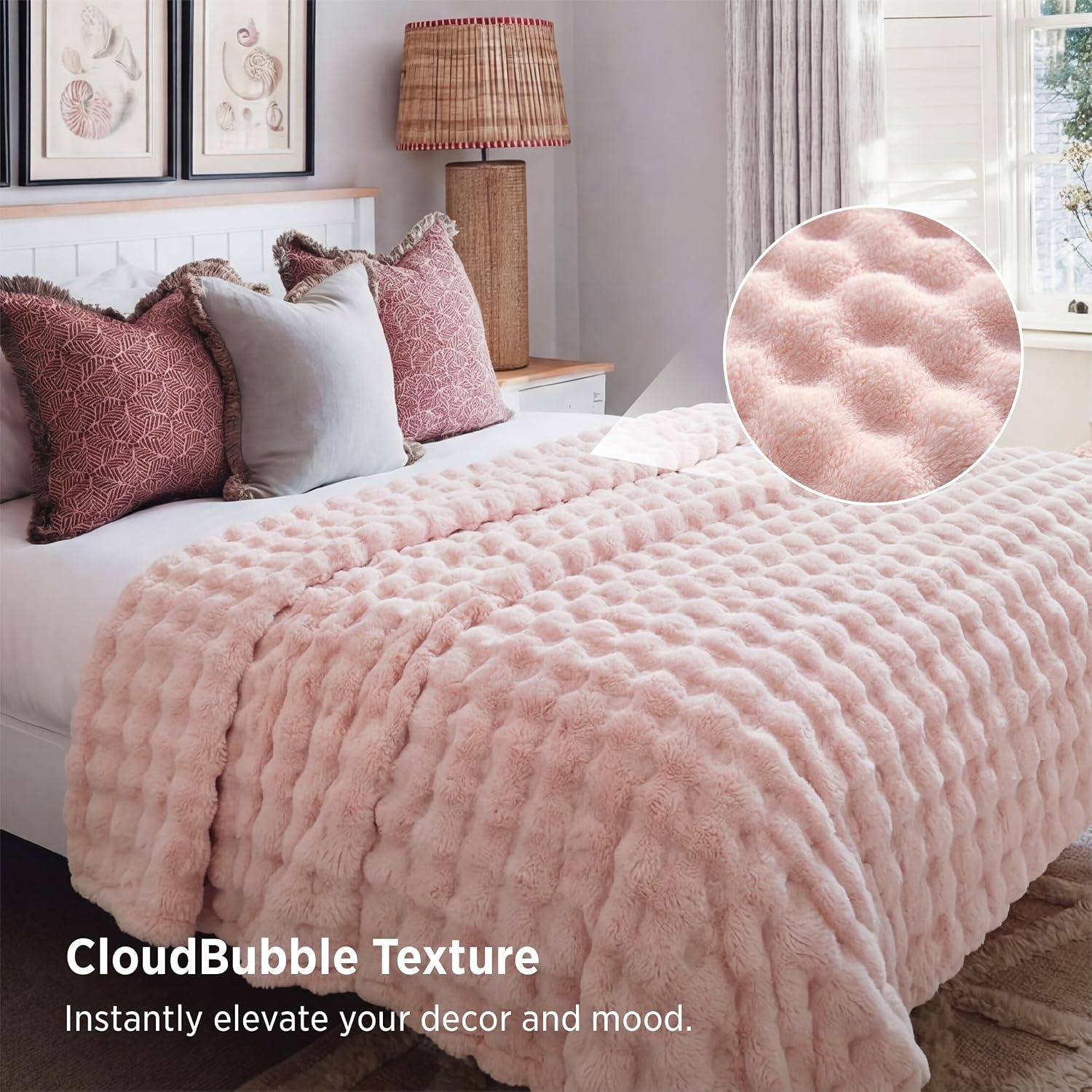image:imageBedsure 3D Cloud Bubble Fleece Twin Blanket for Bed Burnt Orange 608002 Light Pink