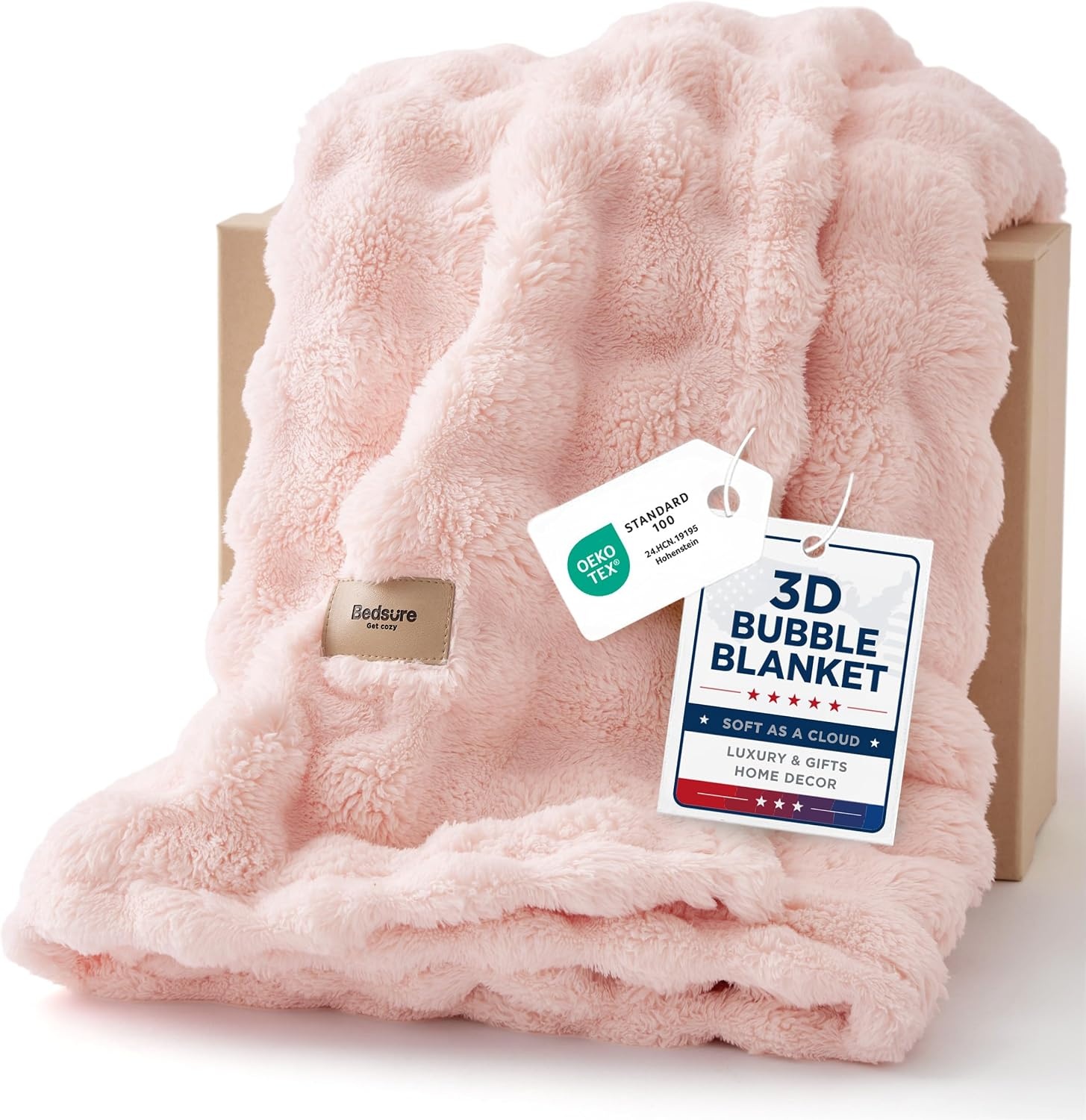 image:imageBedsure 3D Cloud Bubble Fleece Twin Blanket for Bed Burnt Orange 608002 Light Pink