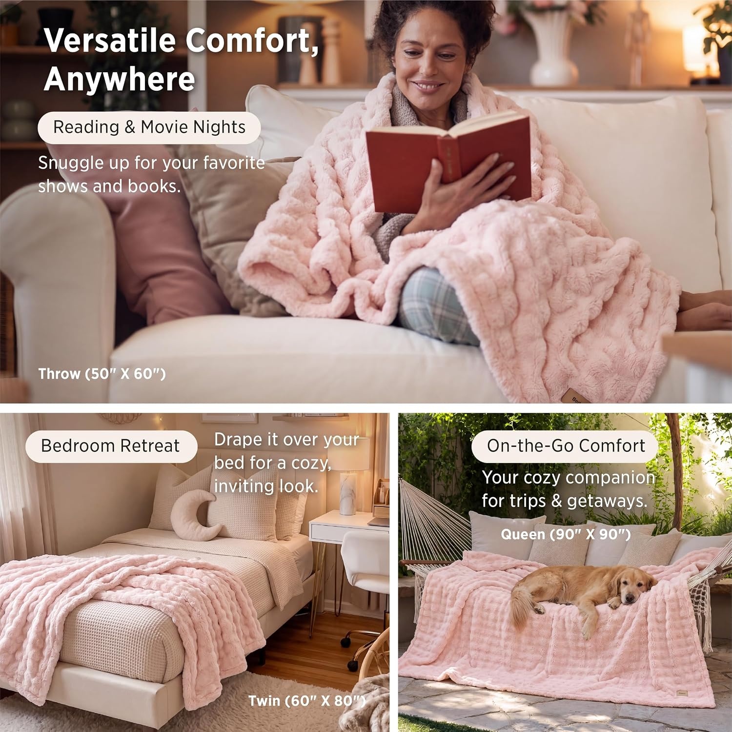 image:imageBedsure 3D Cloud Bubble Fleece Twin Blanket for Bed Burnt Orange 608002 Light Pink