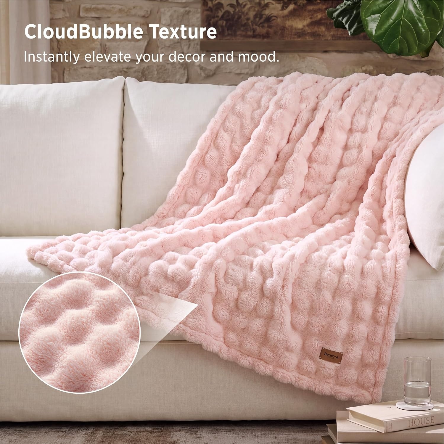 image:imageBedsure 3D Cloud Bubble Fleece Twin Blanket for Bed Burnt Orange 608002 Light Pink