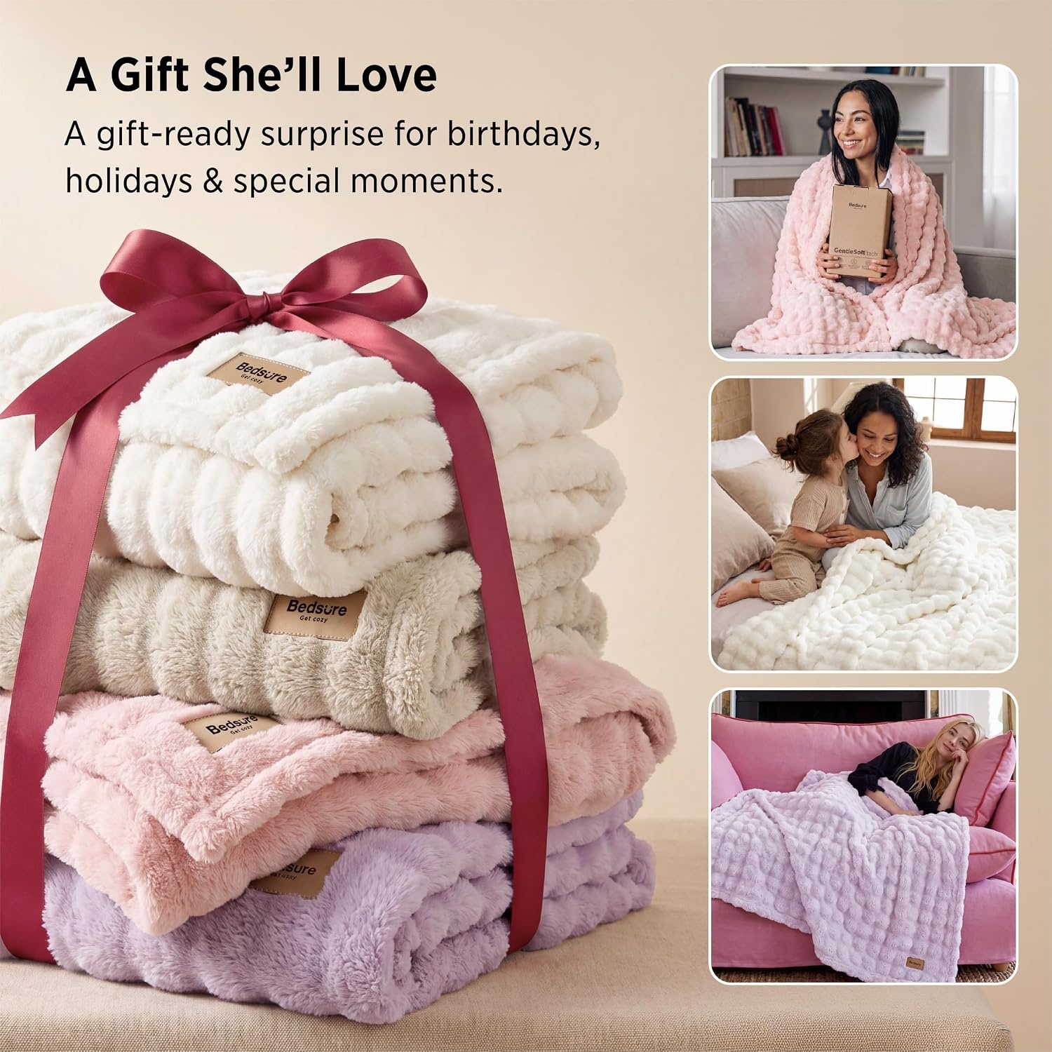 image:imageBedsure 3D Cloud Bubble Fleece Twin Blanket for Bed Burnt Orange 608002 Light Pink