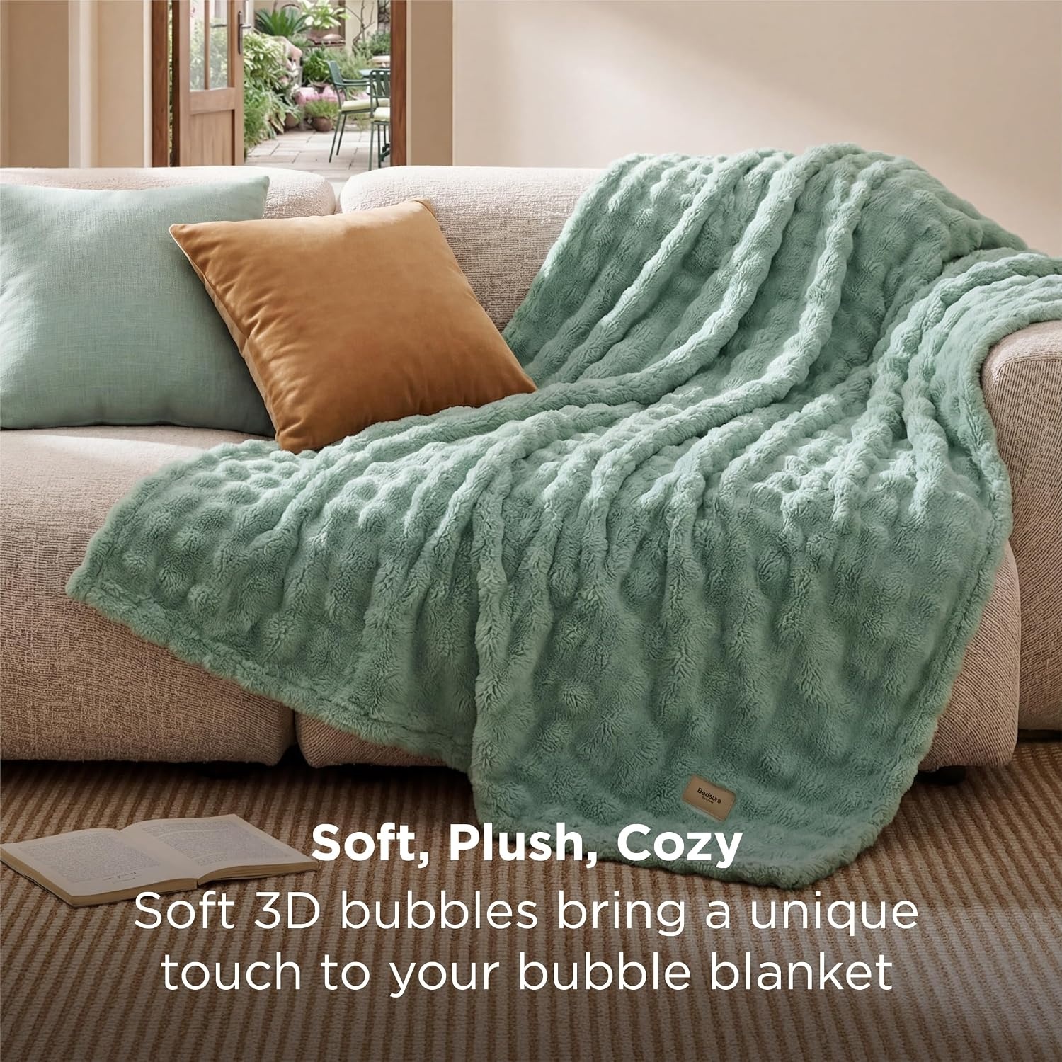 image:imageBedsure 3D Cloud Bubble Fleece Twin Blanket for Bed Burnt Orange 608005 Sage Green