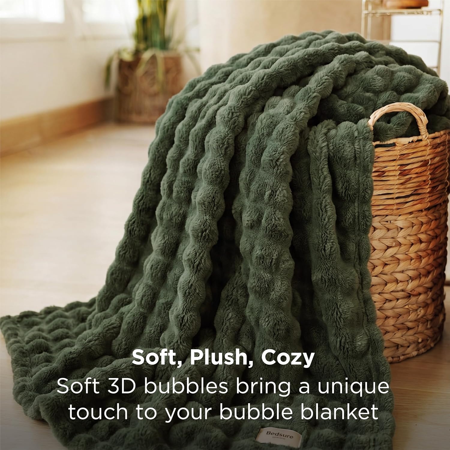 image:imageBedsure 3D Cloud Bubble Fleece Twin Blanket for Bed Burnt Orange 6080Olive Green