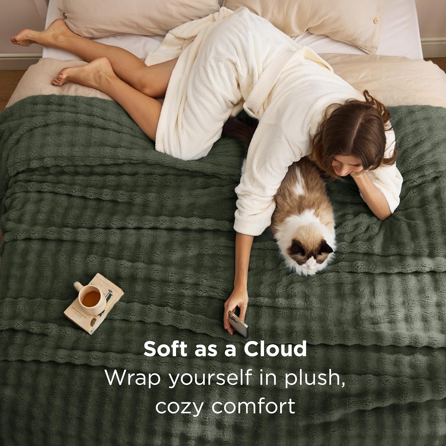 image:imageBedsure 3D Cloud Bubble Fleece Twin Blanket for Bed Burnt Orange 6080Olive Green