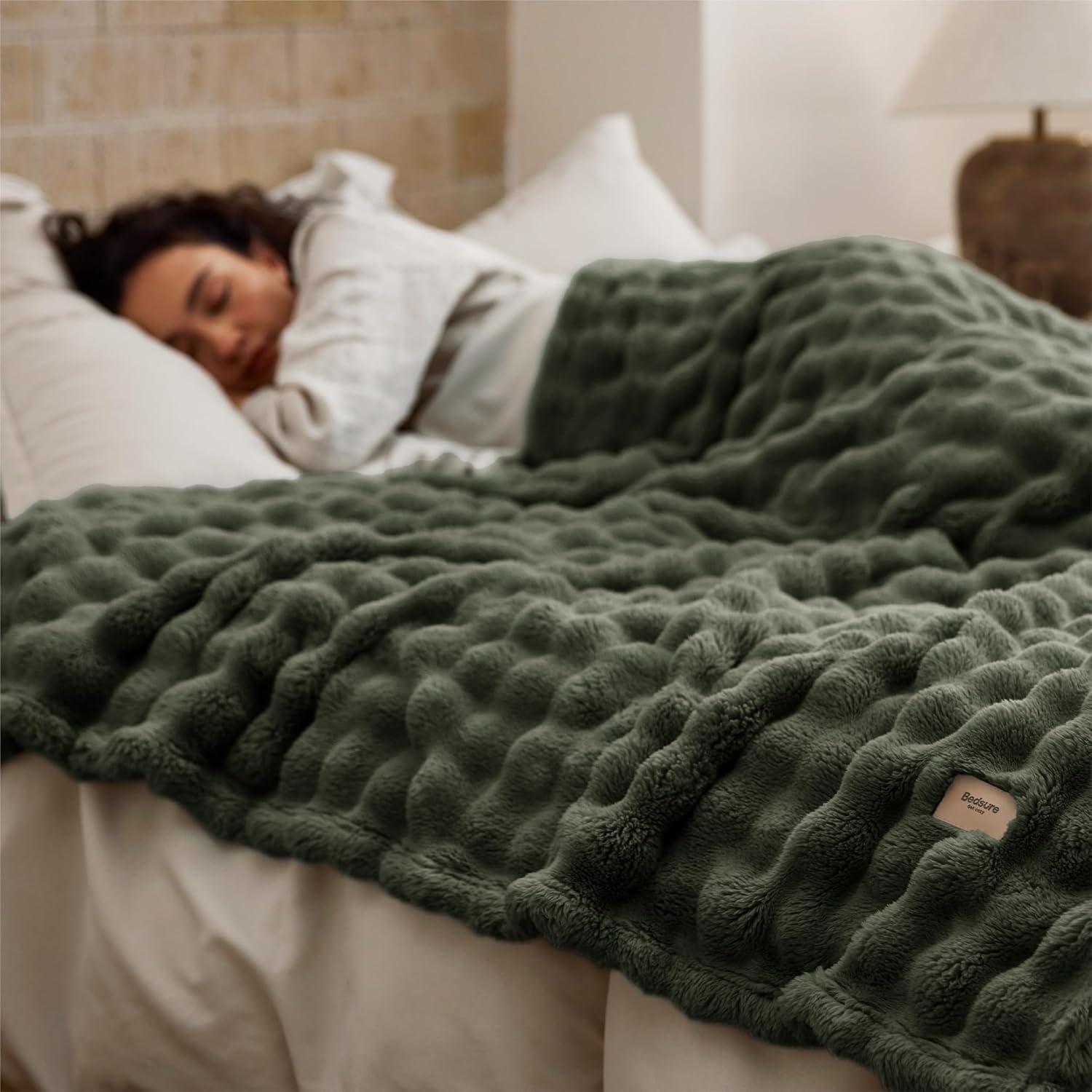 image:imageBedsure 3D Cloud Bubble Fleece Twin Blanket for Bed Burnt Orange 6080Olive Green