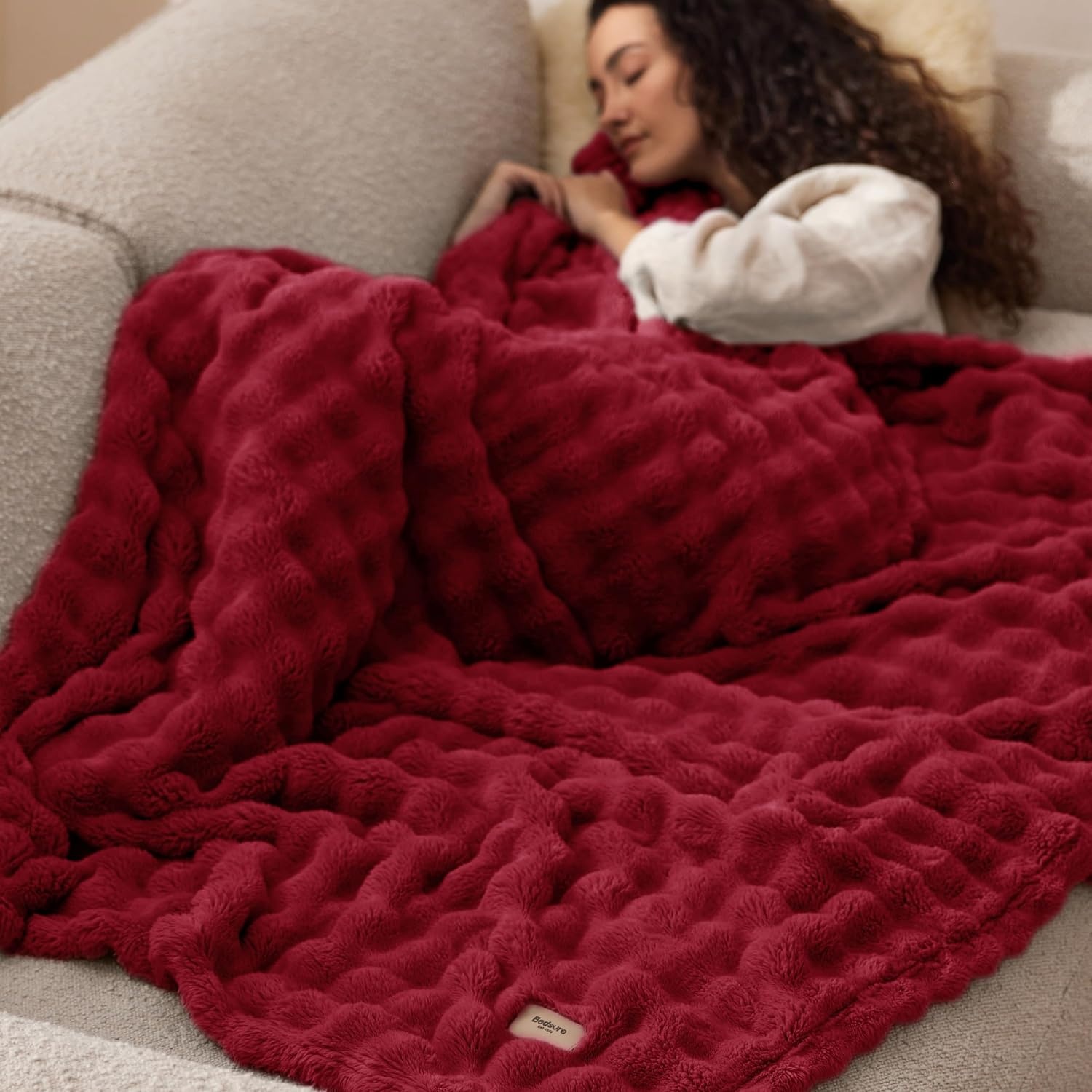image:imageBedsure 3D Cloud Bubble Fleece Twin Blanket for Bed Burnt Orange 6080Red