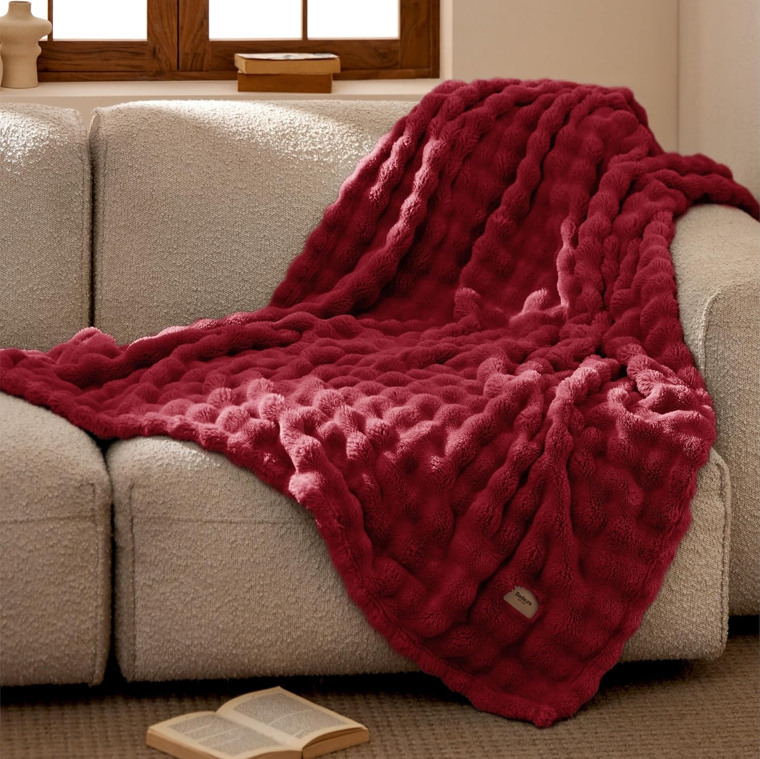 image:imageBedsure 3D Cloud Bubble Fleece Twin Blanket for Bed Burnt Orange 6080Red