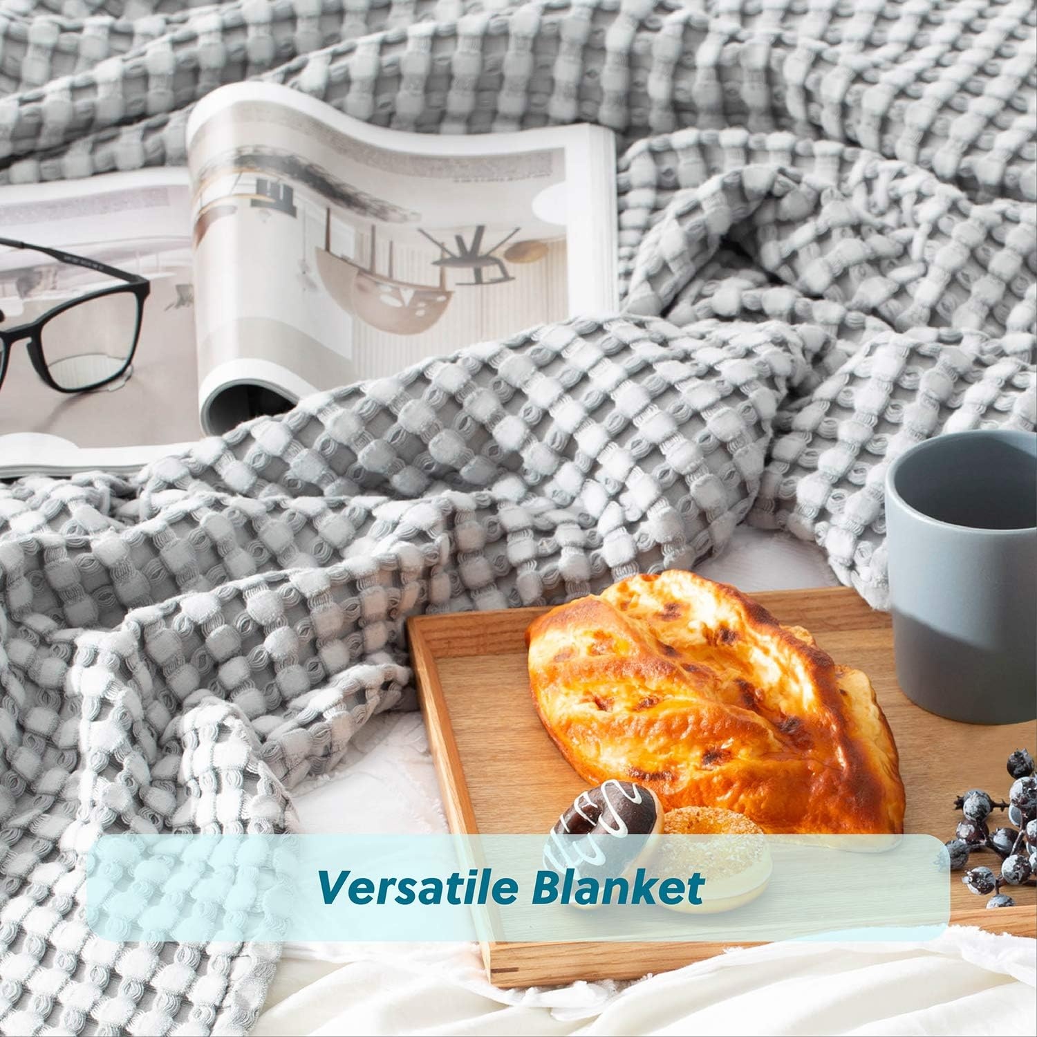 image:imageBedsure Bundle of Cotton Waffle Blanket Dark Grey and Dark Grey Throw XL