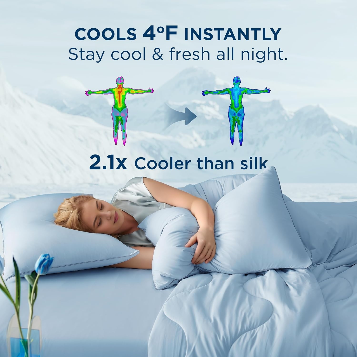 image:imageBedsure Cooling Comforters Queen Size Set 4 Pieces Blue Cooling Blanket for Hot Sleepers DoubleSided Cool Tech Queen Bedding Set with Breathable Lightweight Comforter Sheet amp Pillowcases02 Blue