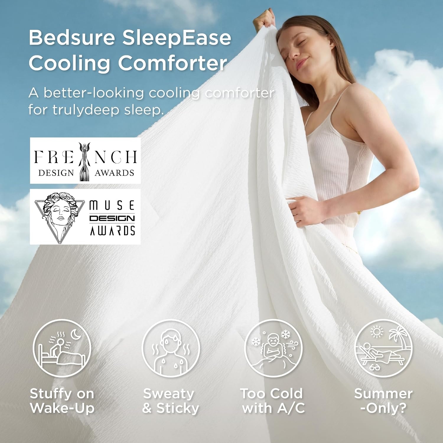 image:imageBedsure Cooling Comforters Queen Size White Seersucker Cool Bedding for Hot Sleepers 3 Pieces Reversible Queen Bed Set with 1 Breathable Lightweight Comforter 2 PillowcasesWhite