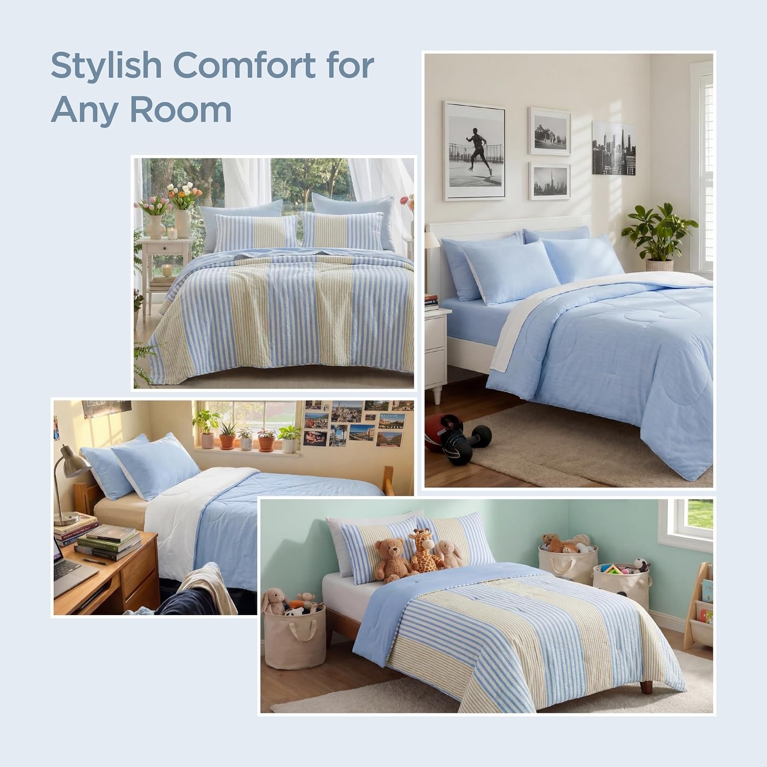 image:imageBedsure Cooling Comforters Queen Size White Seersucker Cool Bedding for Hot Sleepers 3 Pieces Reversible Queen Bed Set with 1 Breathable Lightweight Comforter 2 PillowcasesSky Blue