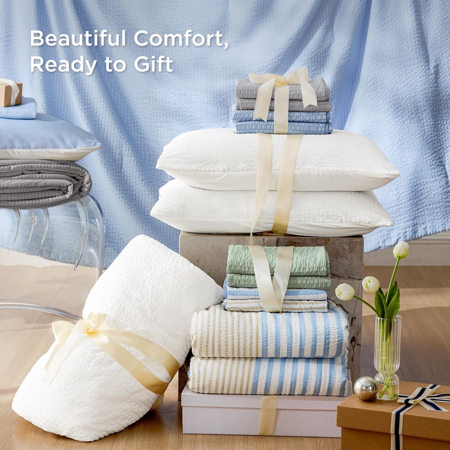 image:imageBedsure Cooling Comforters Queen Size White Seersucker Cool Bedding for Hot Sleepers 3 Pieces Reversible Queen Bed Set with 1 Breathable Lightweight Comforter 2 PillowcasesSky Blue