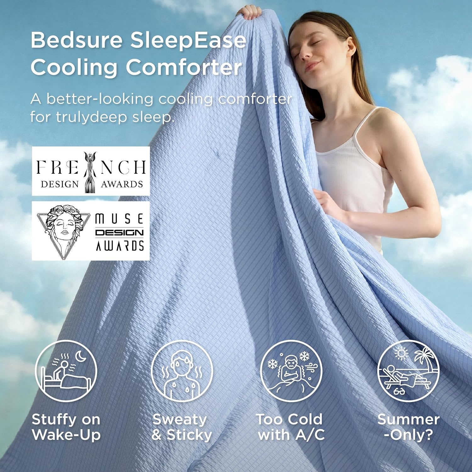 image:imageBedsure Cooling Comforters Queen Size White Seersucker Cool Bedding for Hot Sleepers 3 Pieces Reversible Queen Bed Set with 1 Breathable Lightweight Comforter 2 PillowcasesBlue