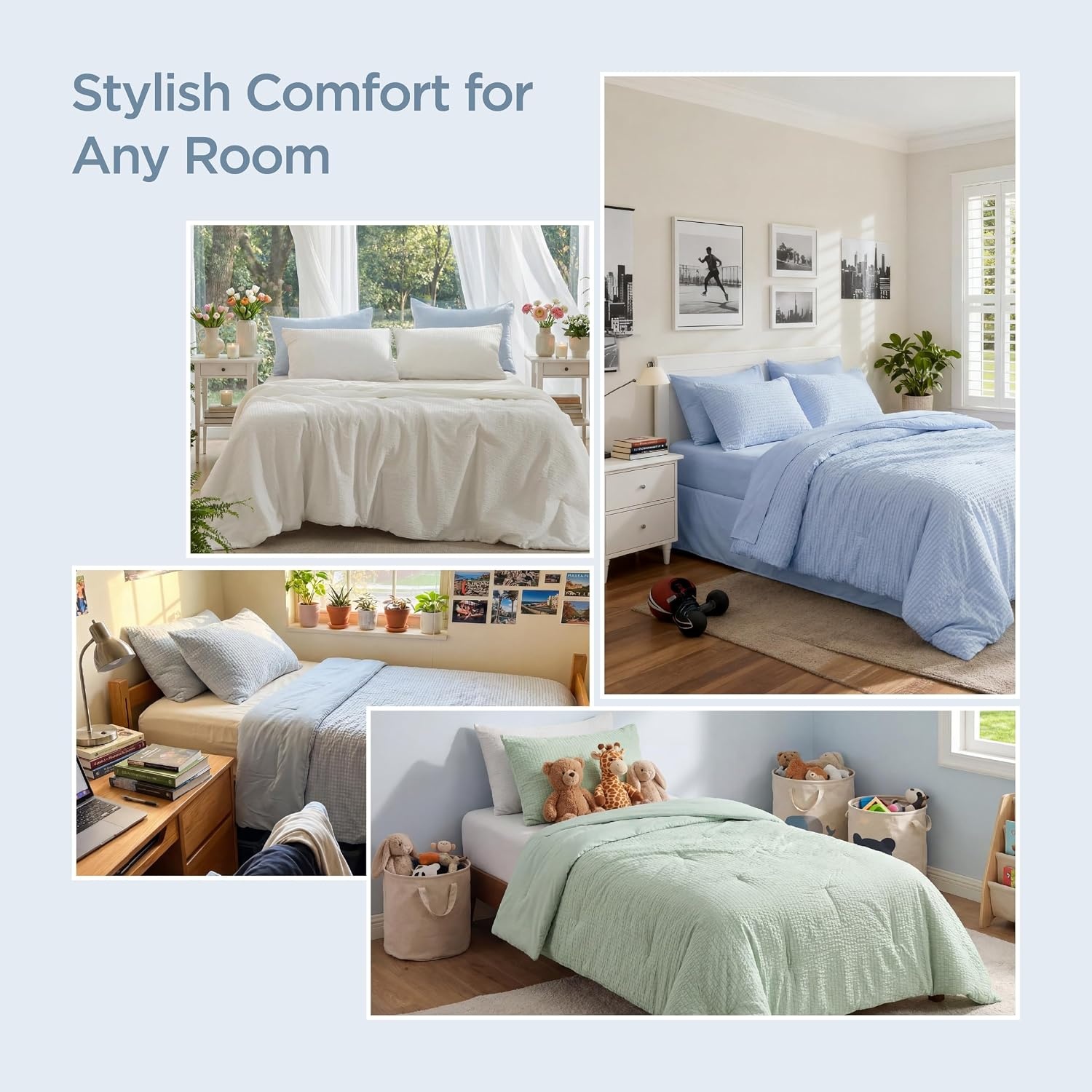 image:imageBedsure Cooling Comforters Queen Size White Seersucker Cool Bedding for Hot Sleepers 3 Pieces Reversible Queen Bed Set with 1 Breathable Lightweight Comforter 2 PillowcasesWhite