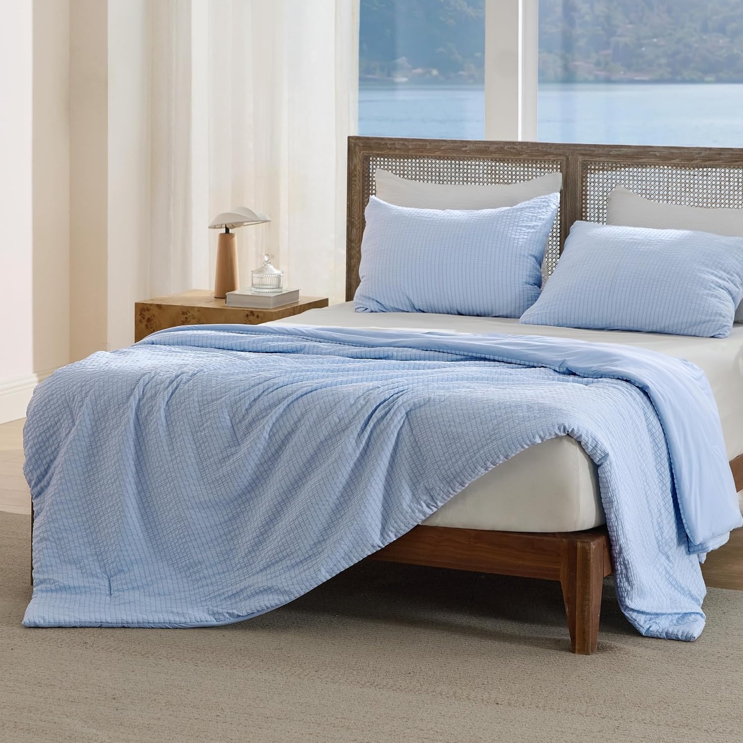 image:imageBedsure Cooling Comforters Queen Size White Seersucker Cool Bedding for Hot Sleepers 3 Pieces Reversible Queen Bed Set with 1 Breathable Lightweight Comforter 2 PillowcasesBlue