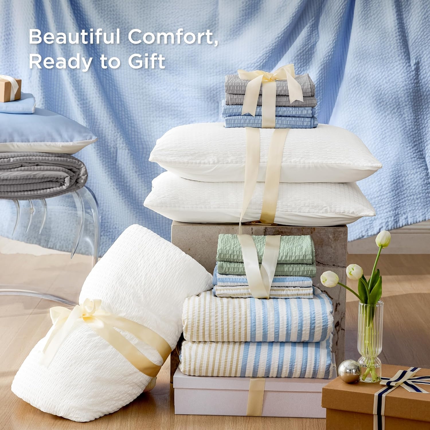 image:imageBedsure Cooling Comforters Queen Size White Seersucker Cool Bedding for Hot Sleepers 3 Pieces Reversible Queen Bed Set with 1 Breathable Lightweight Comforter 2 PillowcasesBlue
